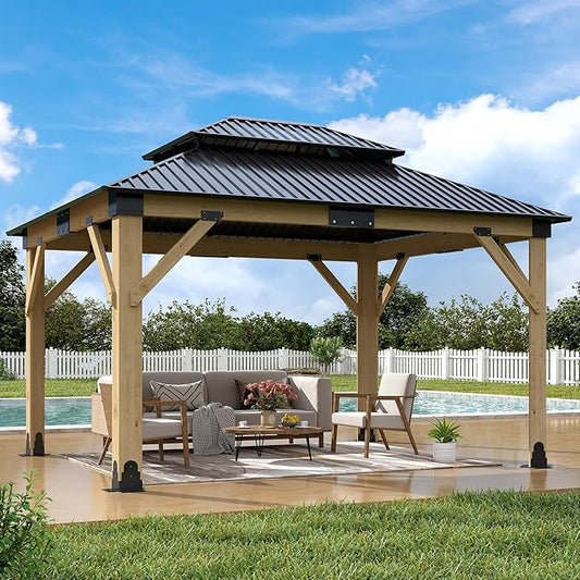 11'x13' Wood Gazebo,Outdoor Hardtop Gazebo with Galvanized Steel Doule Roof, Wooden Frame Gazebos for Patio Backyard Deck