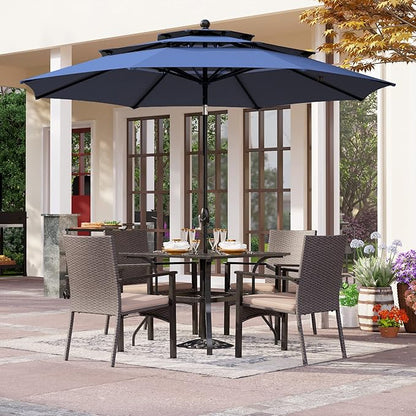PHI VILLA 5 Pieces Outdoor Dining Set with Umbrella for 4, 37" Square Metal Dining Table & 4 Cushioned Wicker Rattan Chairs with 10ft Navy Blue Umbrella for Patio, Deck, Yard, Porch