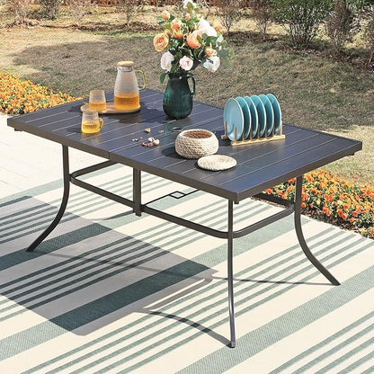 Patio Outdoor Table and Chairs Set with Umbrella Beige, Patio Dining Sets for 6, 7 Pieces Patio Table Set Clearance for Backyard Deck Porch Outside, Metal Table with Hole & Cushioned Rattan Chairs