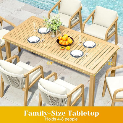 7-Piece Outdoor Dining Set for 6 with 23" Extra Wide Chair and Cushion，Patio Table and Chairs Set with All Acacia Wood Frame, All-Weather PE Rattan Outdoor Patio Furniture Set for Lawn Garden, Beige