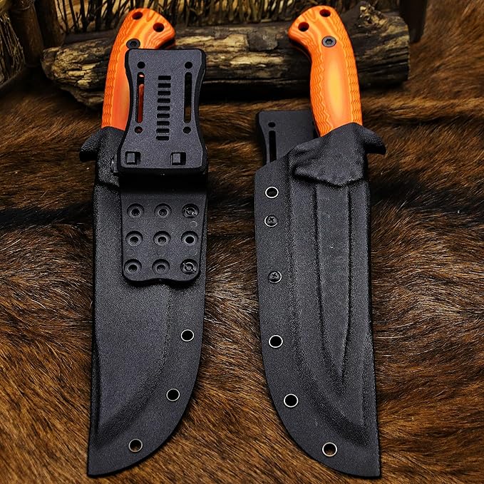 BA-KOR 12.4in Full Tang Fixed Blade Hunting Knife – 6mm 9CR18MoV Steel, G10 Handle, Stonewashed Sawback Blade with Kydex Sheath & Fire Starter for Outdoor, Camping, Survival (Orange with light yellow stripes)