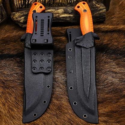 BA-KOR 12.4in Full Tang Fixed Blade Hunting Knife – 6mm 9CR18MoV Steel, G10 Handle, Stonewashed Sawback Blade with Kydex Sheath & Fire Starter for Outdoor, Camping, Survival (Orange with light yellow stripes)