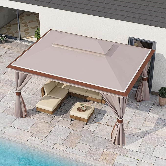 LAUSAINT HOME Outdoor Patio Gazebo 10'x13' with Expansion Bolts, Heavy Duty Party Tent & Shelter with Double Roofs, Mosquito Nettings and Privacy Screens for Backyard, Garden, Lawn