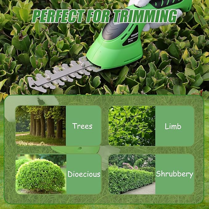 Lichamp 2-in-1 Electric Hand Held Grass Shear Hedge Trimmer Shrubbery Clipper Cordless Battery Powered Rechargeable for Garden and Lawn, CGS-3602 Grass Green