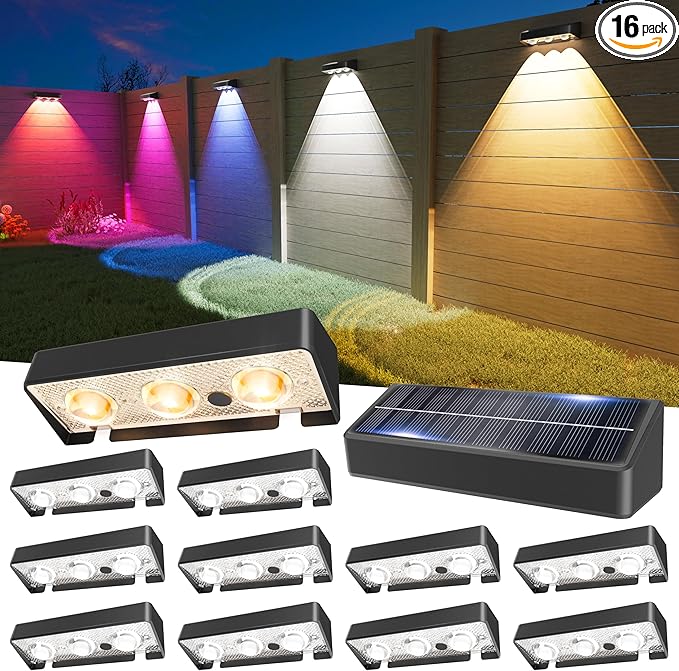 Solar Fence Lights 12 Pack, Warm White, Cool White and RGB Color Glow LED Solar Light, IP65 Waterproof Fence Lights Solar Powered for Patio, Backyard, Railing, Deck and Wall