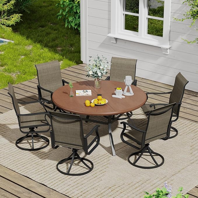 VICLLAX Outdoor Patio Round Dining Table, 53"x 53" Aluminum Tabletop for Deck Lawn Garden Backyard, Walnut