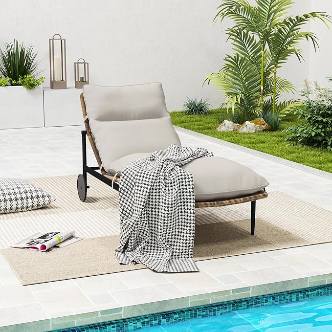 Chaise Lounge Chair Outdoor - PE Rattan Wicker Patio Pool Lounge Chair with Cushion and Wheels, Aluminum Waterproof Chaise Lounger for Poolside Backyard Deck Porch