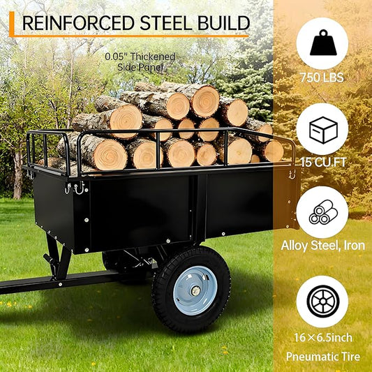 Utility Trailer, Steel ATV Trailer, Heavy Duty Lawn Mower Trailers, 750 Lbs 15 Cu.Ft. with Removable Sides, Pneumatic Tires and Quick Dump Pull Back, Dump Trailers for Gardens, Tractors, and Farms