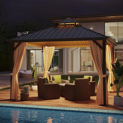 12x12 ft Hardtop Gazebo Outdoor Aluminum Patio Gazebo Double Roof Galvanized Steel Canopy with Netting and Curtains for Garden, Backyard,Deck and Lawns