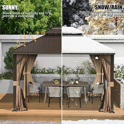 Domi 10'x14' Hardtop Gazebo Canopy, Outdoor Metal Gazebo with Galvanized Steel Double Roof,Curtain and Netting,Permanent Pavilion for Patio Deck,Backyard