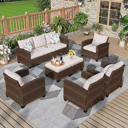 Patio Furniture Set, 7 Pcs Wicker Rattan Rattan Outdoor Conversation Set, 4 x Single Chairs, 1 x 3 Seater Sofa and 2 x Ottoman with 4" Thick Cushion for Garden Backyard Deck, Beige
