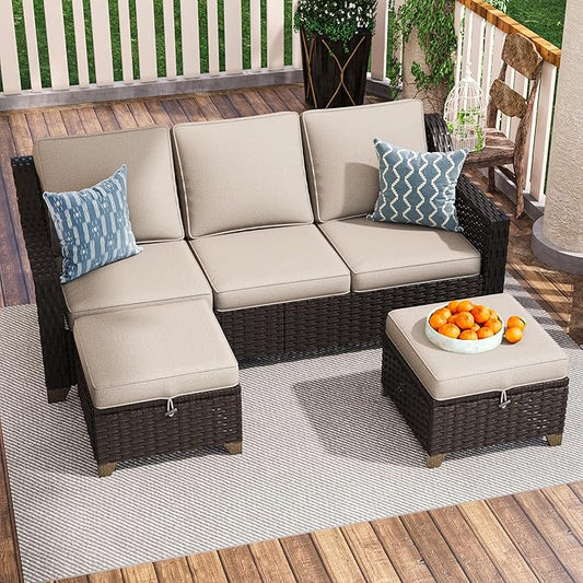 3 Pieces Outdoor Conversation Furniture Set - 77" Patio Sofa, 2 Rattan Wicker Ottomans, Patio Wicker Couch Set with Water-Resistant and Washable Cushions for Sunroom, Deck, Porch (Beige)