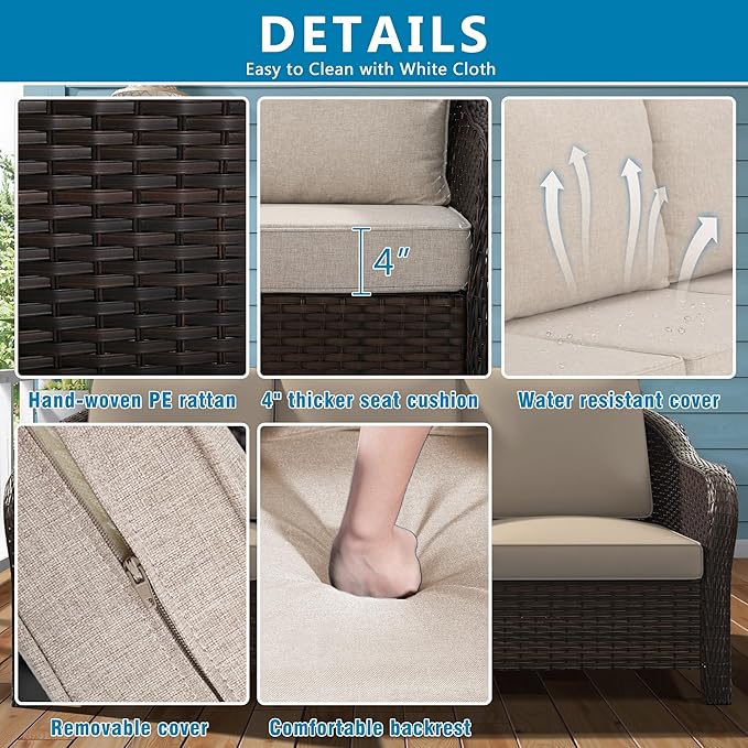 Vista Vibe Outdoor Rattan Chairs Set of 2 with Coffee Table, All-Weather Patio Conversation Furniture Set with Washable Cushions &Hand-Woven PE Rattan, Garden, Bistro, Deck, Yard (Beige)