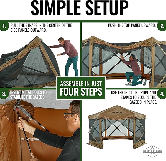Hike Crew 13’ x 13’ Screened Roof Pop-Up Gazebo Screen Tent | 6-Sided Outdoor Canopy Shelter w/Roof Cover, Built-in Zippered Panels, Built-in Awning, Stakes, Ropes & Carry Bag | UV Resistant SPF 50+