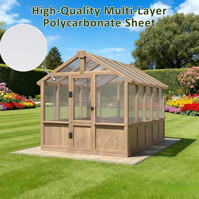 Greenhouse for Outdoor, 6x8ft-8x12ft Wooden WAK-in Greenhouse Kitwith 6MM Thick Polycarbonate Panel, Lockable Door & Adjustable Roof Vent ，Backyard Garden ﻿ (Light Mocha Brown, 8*10FT)