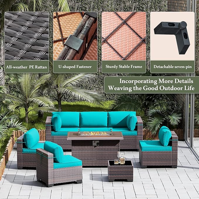 Outdoor Patio Furniture Set with Propane Fire Pit Table, 8 Pcs Outdoor Furniture Patio Sectional Sofas Conversation Sets w/ETL Approved 43" Gas Outdoor Fire Table & Coffee Table Turquoise