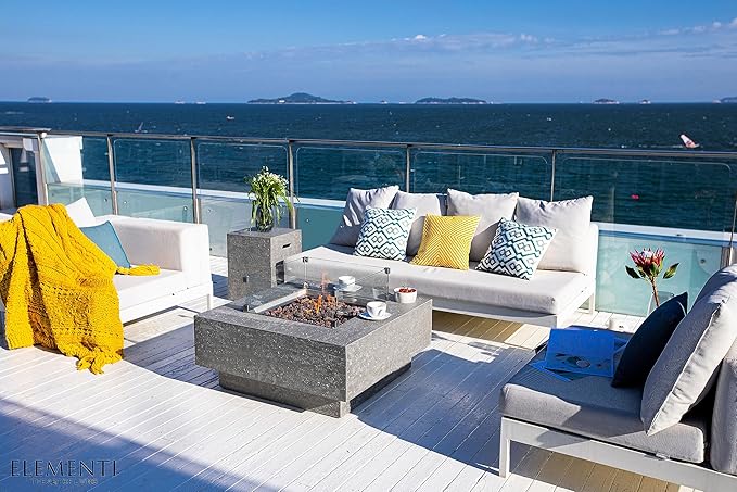 Elementi | Manhattan Gas Fire Pit Cast Concrete 36" Square Fire Table, Outdoor Fire Pit Electronic Ignition | Canvas Cover, Lava Rock Included | Light Gray (Natural Gas)