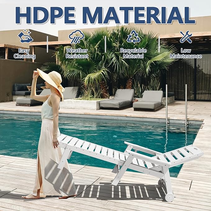 Patio Chaise Lounge Chair, HDPE Outdoor Lounge Chairs with 5-Position Adjustable Backrest, Cup Holder and Wheels, 450lbs Capacity for Poolside Deck Backyard, All Weather Material(White)