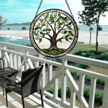 Stained Glass Window Hanging - Brown Tree Trunk Green Leaves Sun Catcher for Door Garden Home Decor Plant Suncatcher Christmas Mother's Day Birthday Gifts for Women Men Mom Nana 6.3 in