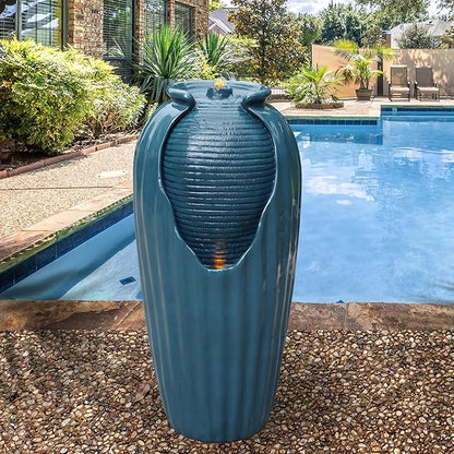 Teamson Home 32 in. Outdoor Contemporary Glazed Contoured Vase Water Fountain with LED Lights to Create a Calming Oasis in Gardens and Landscaping, on Patios, Balconies, Lawns, Teal Blue