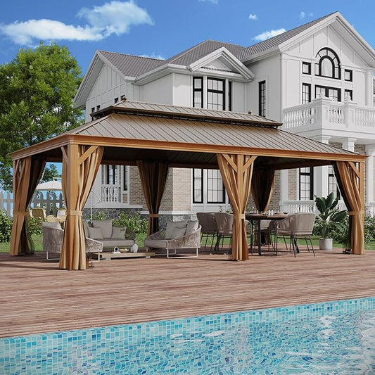 12' X 22' Hardtop Gazebo Outdoor Aluminum Patio Gazebo Double Roof Galvanized Steel Canopy Wooden Finish Coated with Netting and Curtains for Garden, Backyard, Deck and Lawns