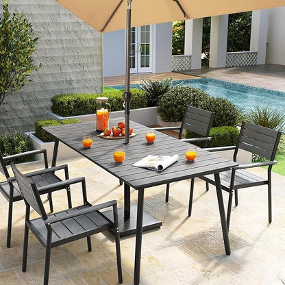 Aluminum 70 Inch Patio Outdoor Dining Table for 6, Umbrella Hole & Wood-Like Top, All-Weather Deck & Backyard Table