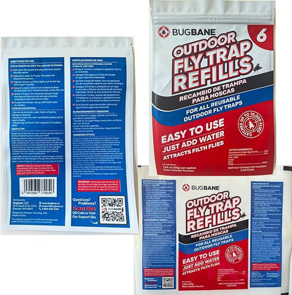 Fly Bait Fly Trap Refill Packets 6x1oz. Non Toxic Dissolvable Granules Work with All Reusable Flies Traps Outdoors Attractant. Flies Trap Bait Magnet Ranch Flytrap Outdoors. Cebo para Moscas
