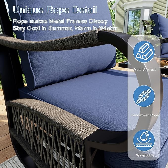11 Pieces Modern Patio Furniture Set, All Weather Metal Outdoor Conversation Sets with Fire Pit Table for Backyard Garden Deck Porch Poolside, Blue