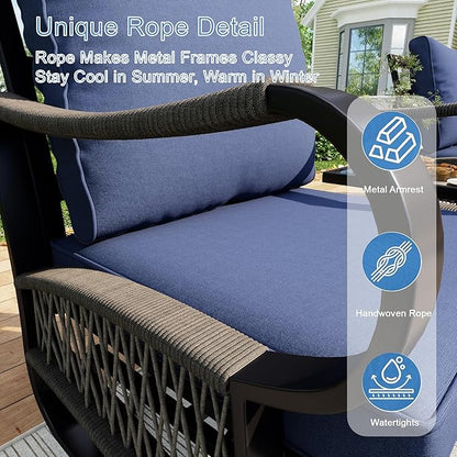 11 Pieces Modern Patio Furniture Set, All Weather Metal Outdoor Conversation Sets with Fire Pit Table for Backyard Garden Deck Porch Poolside, Blue