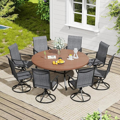 VICLLAX 9 Pieces Outdoor Dining Set, Patio Furniture Set of 8 Patio Swivel Dining Chairs and 60" Patio Round Table, Dark Charcoal Chairs & Walnut Tabletop