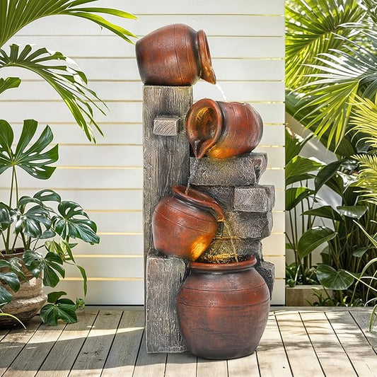 31.5" H Outdoor Water Fountain with LED Lights and Pump, Cascading Pitchers Farmhouse Garden Fountain Waterfall for Patio, Porch, or Yard