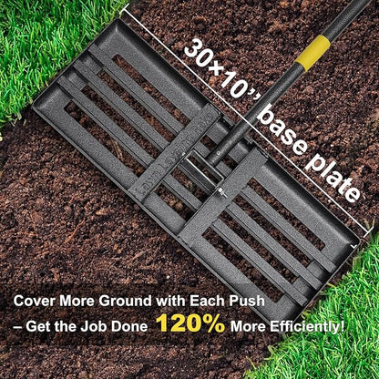 Lawn Leveling Rake - Heavy Duty 30"x10" Stainless Steel Leveler Plate,Reinforced Welds,28-60" Adjustable, Anti Flipping Smooth Edge,for Soil, Dirt,Ground,Yard Top Dressing,Landscaping