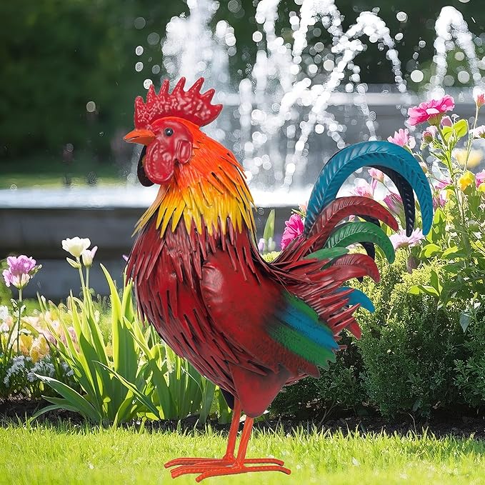 Rooster Garden Statue Sculpture Metal Chicken Yard Decor Outdoor Figurines Patio Backyard Decoration (red)