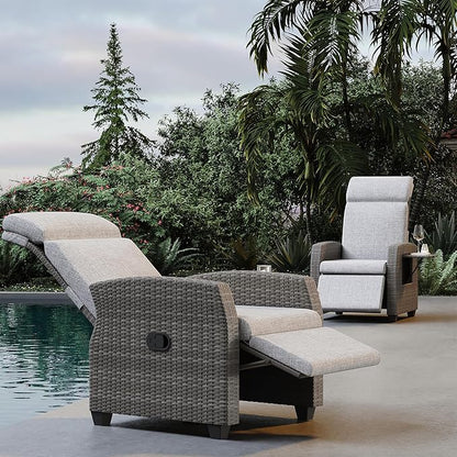 Indoor Outdoor Wicker Recliner Chair with Flip-Up Table Air Pump 155° Lay Flat, Adjustable Wicker Lounge Recliner Chair with Independently Backrest and Footrest Set of 2