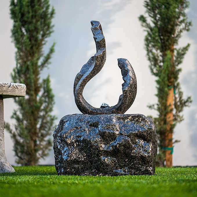 XBrand 25 in H Stone-Look Sculptural Modern Freestanding Fiber Resin Outdoor Garden Fountain w/LED Light, Black