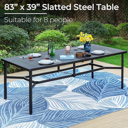 PHI VILLA 9 Pieces Outdoor Dining Set for 8, Large Rectangular Metal Table with Umbrella Hole & Stackable Wrought Iron Chairs, Dining Furniture for Patio, Deck, Yard, Porch