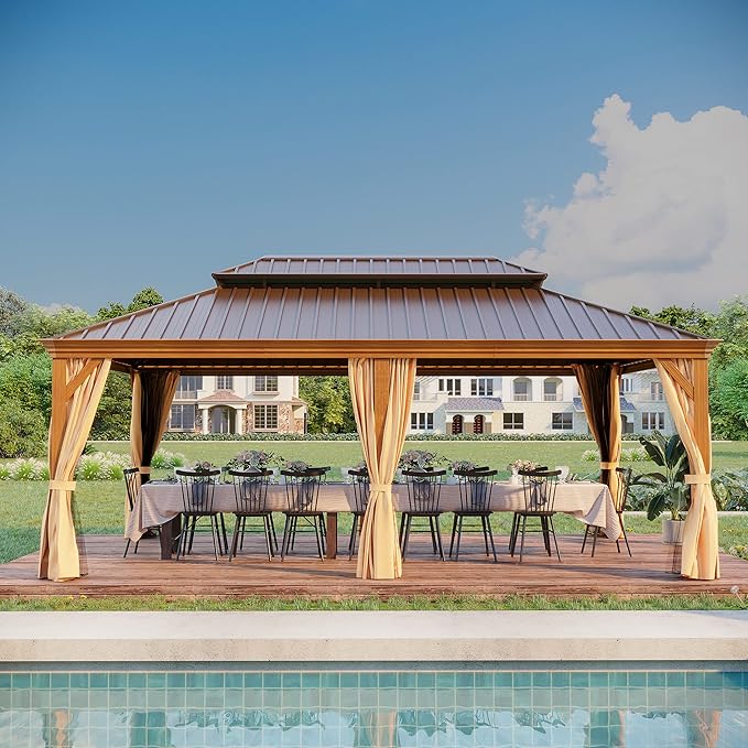 14' X 20' Hardtop Gazebo, Aluminum Wood-Looking Frame Outdoor Permanent Galvanized Steel Double Roof Pavilion Pergola Canopy with Privacy Curtains for Garden, Patio, Backyard, Deck and Lawns.