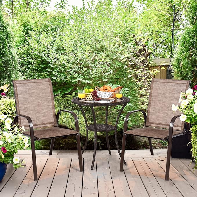 Tangkula 4 Piece Patio Dining Chairs, Outdoor Bistro Chairs W/Curved Armrests, Easy-to-Dry Fabric, Reinforced Steel Frame, Wide & Comfortable Camping Chairs for Garden, Poolside, Backyard (2, Brown)