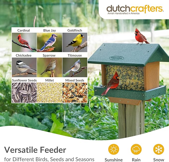 DutchCrafters Poly Large Hopper Bird Feeder Post Mount for 4" x 4", Wild Songbird Bird Seed Feeder for Outdoor, Outside, Garden, Yard - Amish Made in USA (Post Mount, Turf Green & Cedar)
