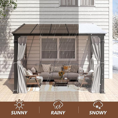 10 x10FT Outdoor Wall-Mounted Hardtop Gazebo, Aluminum Frame Lean to Gazebo with Polycarbonate Roof and Curtains for Patio, Garden, Deck