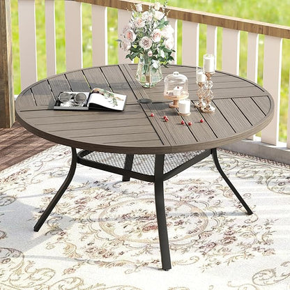 VICLLAX 7 Pieces Patio Dining Set for 6, Outdoor Furniture Set Includes 47.2" Outdoor Round Table and 6 Patio Swivel Chairs for Lawn Garden, Grey Wood Grain Tabletop and Grey Fabric