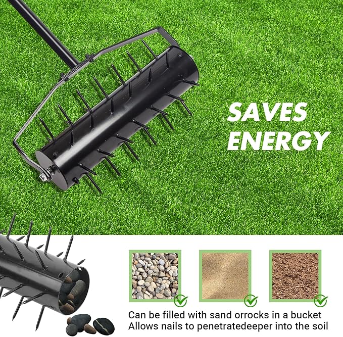 18 Inch Heavy Duty Rolling Lawn Aerator, Adjustable Weight Manual Roller Lawn Aerator Tool ，Heavy Duty Outdoor Manual Garden Lawn Tool for Yard Garden