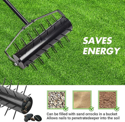 18 Inch Heavy Duty Rolling Lawn Aerator, Adjustable Weight Manual Roller Lawn Aerator Tool ，Heavy Duty Outdoor Manual Garden Lawn Tool for Yard Garden
