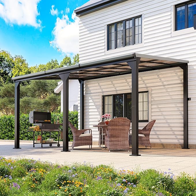 10 * 14FT Pergola,Outdoor Gazebo,Hardtop Lean to Gazebo,Wall Mounted Pergola,Pergolas Gazebos Clearance,Aluminum Frame Pergola,UV Resistant Patio Roof,Patio Awnings for Porch,Lawn,Backyard