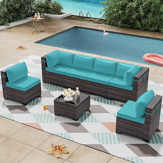 Outdoor Patio Furniture Set, 7 Pieces Outdoor Furniture All Weather Patio Sectional Sofa PE Wicker Modular Conversation Sets with Coffee Table,6 Chairs & Seat Clips(Turquoise Blue)