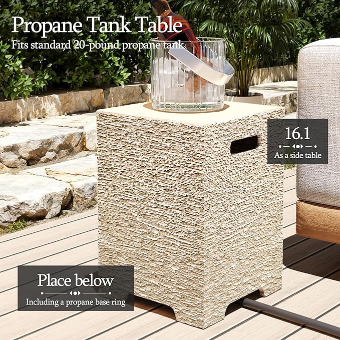 UPHA 56-inch Outdoor Propane Gas Fire Pit Table 50000 BTU Concrete Round FirePit for Outside Patio with Propane Tank Cover, Blue Glass Rocks, Rain Cover, Beige Texture