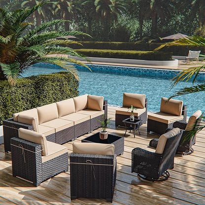 12 Pcs Outdoor Patio Furniture Set Outdoor Furniture All Weather Patio Sectional Sofa PE Wicker Modular Conversation Sets with Coffee Table, Swivel Rocking Chair (Sand)