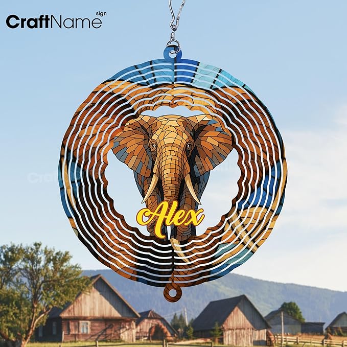 Personalized Elephant Wind Spinner 3D Stainless Steel, Elephant Garden Spinner Hanging Outdoor Decor, Wind Spinners Outdoor, Custom Gift for Grandmother, Mom, Wife