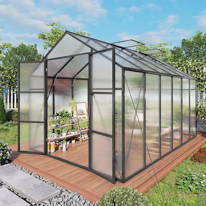 Greenhouse for Outdoors 8x12x7.8FT, Polycarbonate Greenhouse with Stronger Wind Protection and Roof Vent, Walk-in Large Aluminum Sunroom Winter Proof, Black