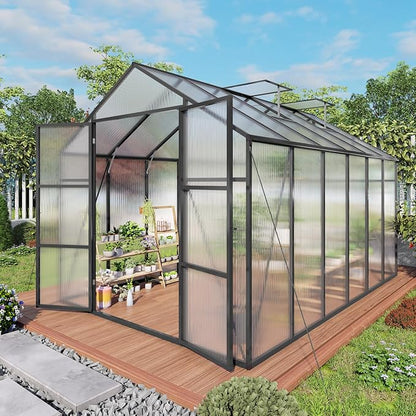 Greenhouse for Outdoors 8x12x7.8FT, Polycarbonate Greenhouse with Stronger Wind Protection and Roof Vent, Walk-in Large Aluminum Sunroom Winter Proof, Black